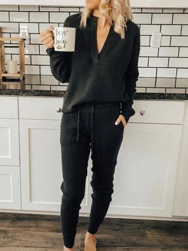 Lunimesd  V-Neck Solid Color Sets