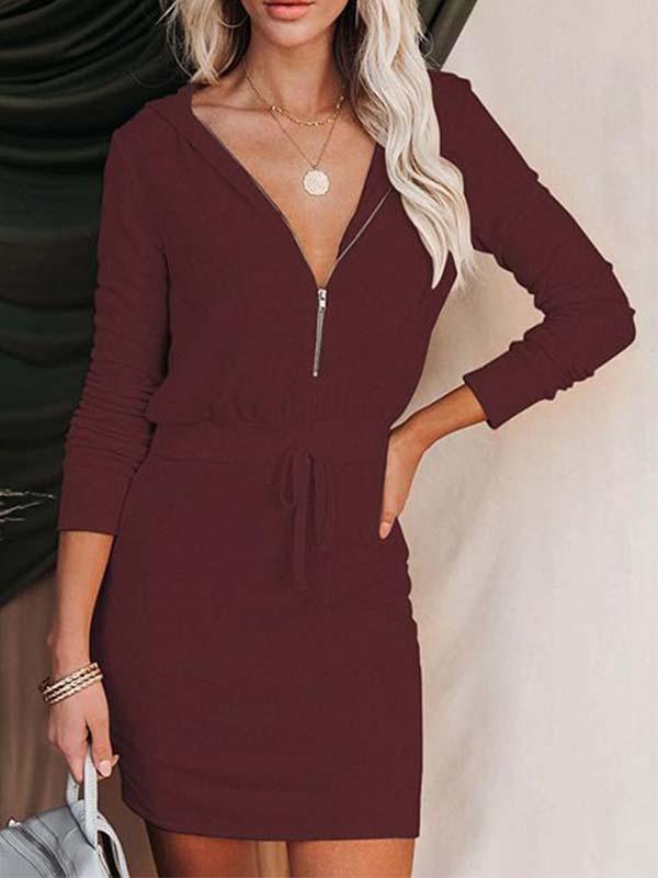 Lunimesd Solid Color Zipper Hooded Dress
