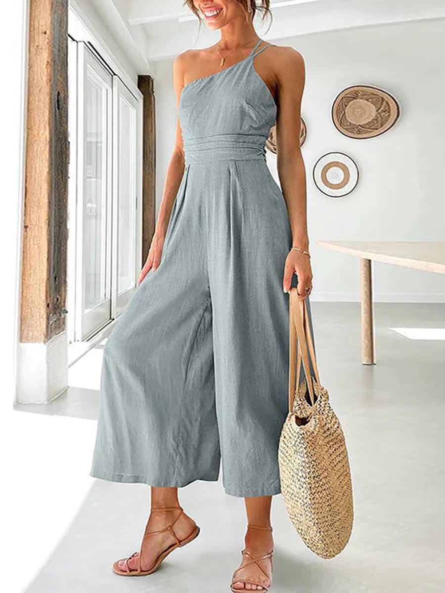 Lunimesd Chic Journey One Shoulder Straps Wide Leg Jumpsuit（8 colors）