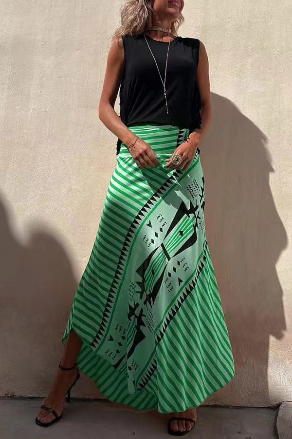 Lunimesd Eva Satin Geometric Print Elastic Waist Maxi Skirt