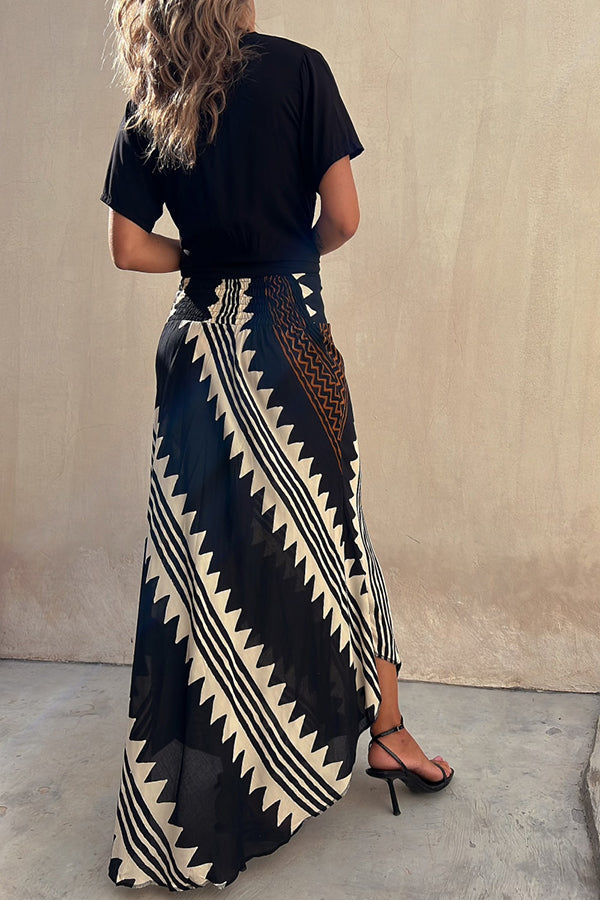 Lunimesd Eva Satin Geometric Print Elastic Waist Maxi Skirt