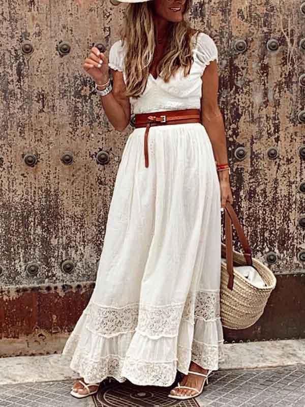 Lunimesd Sexy V Neck Lace Maxi Dress