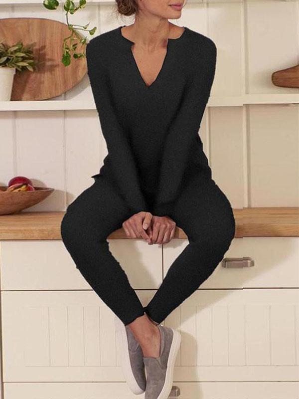 Lunimesd  V-Neck Solid Color Sets