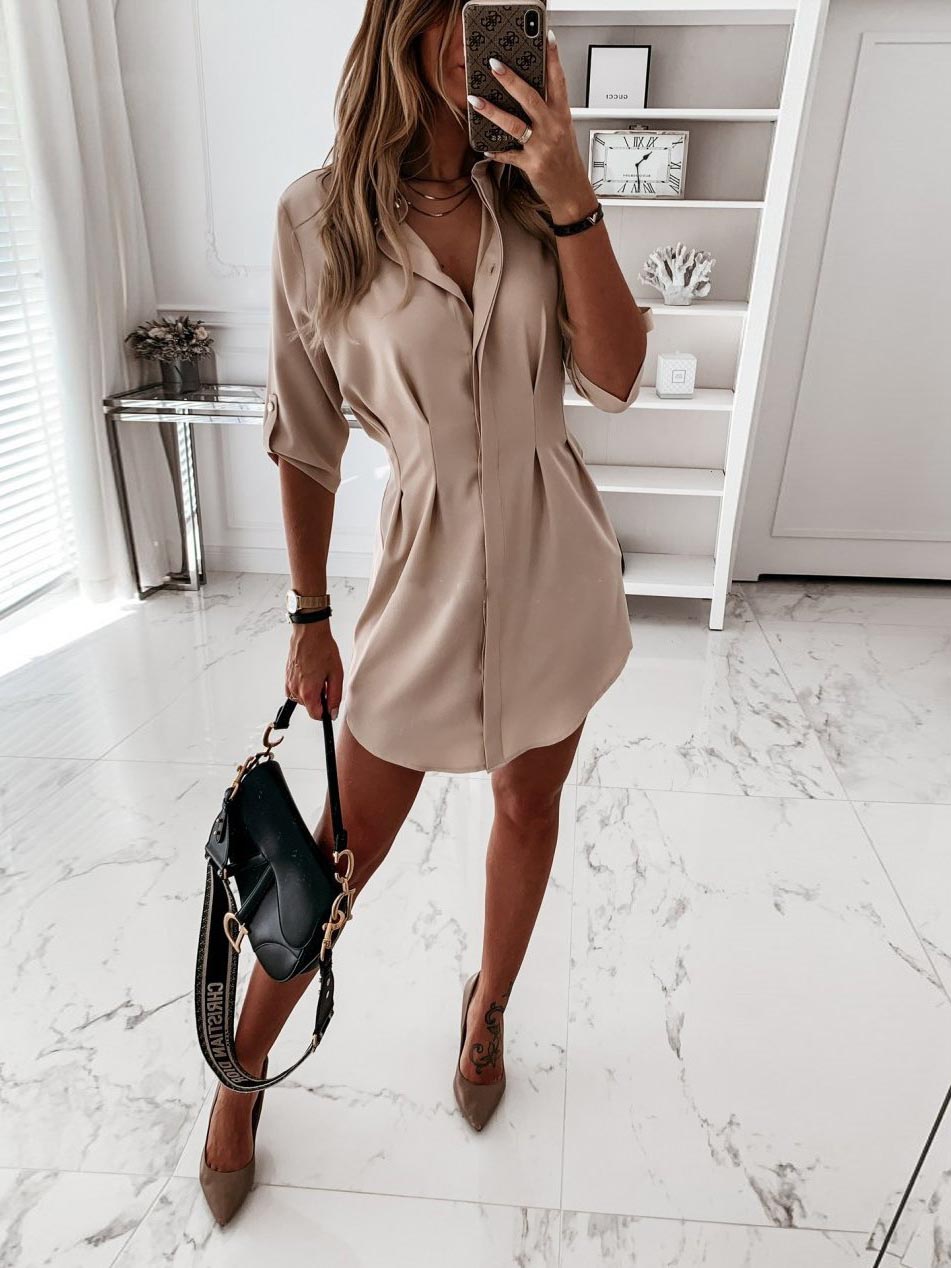 Lunimesd Solid Color Shirt Collar Mini Dreess