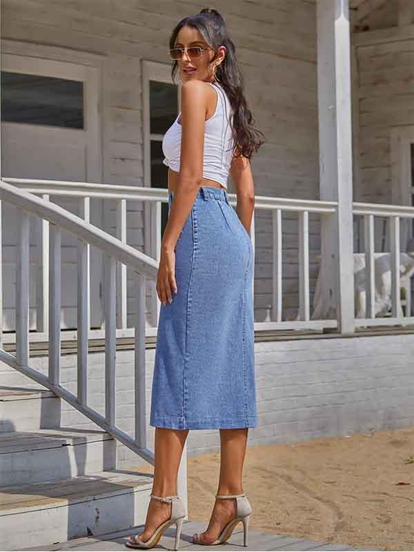 Lunimesd Button Irregular Slit Denim Skirt