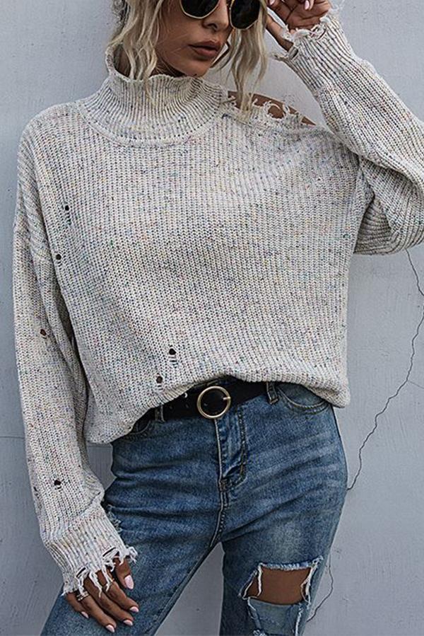 Lunimesd Loose Off-shoulder Ripped Long-sleeved High-neck Knitted Sweater