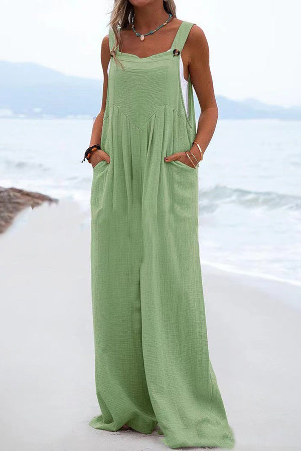 Lunimesd Ethnic Button Suspender Wide Leg Line Jumpsuit