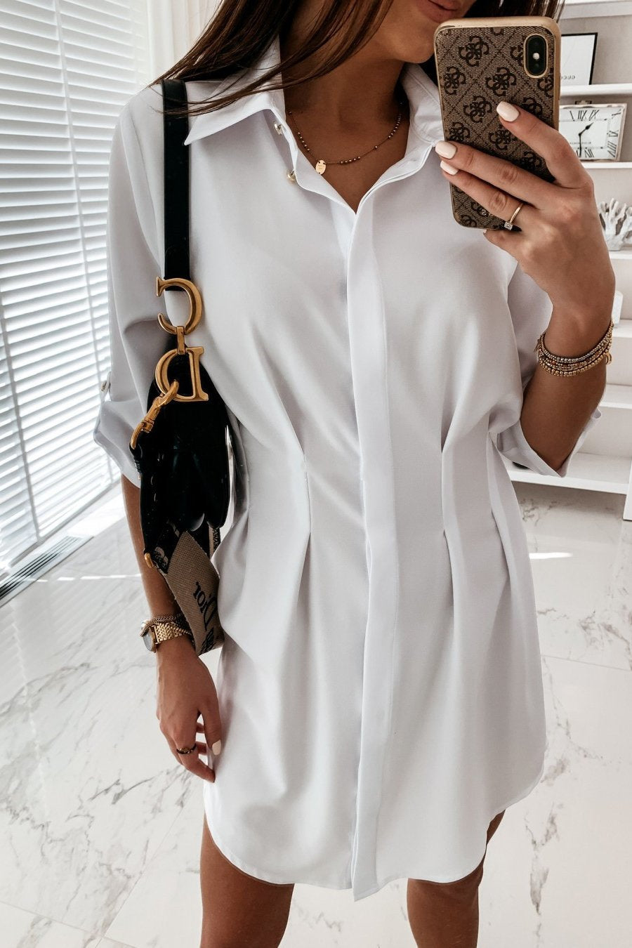 Lunimesd Solid Color Shirt Collar Mini Dreess