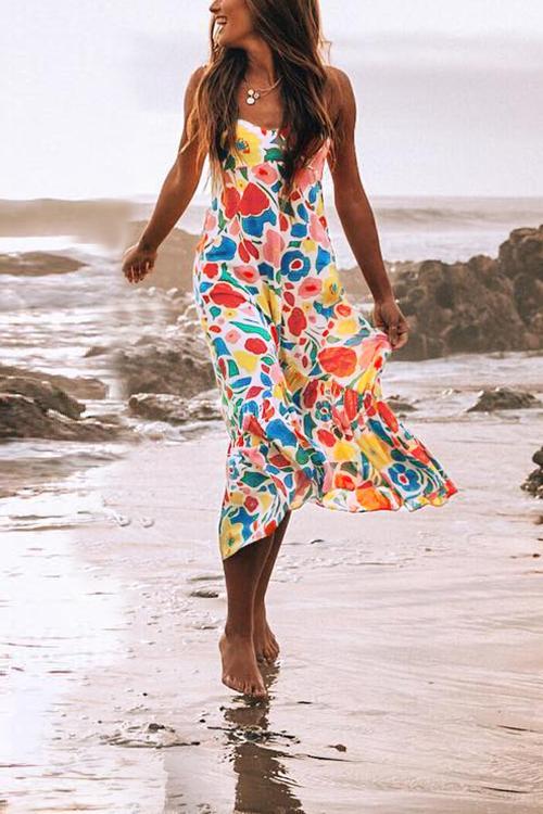 Lunimesd Floral Printed Summer Backless Mid Calf Dress With Pocket