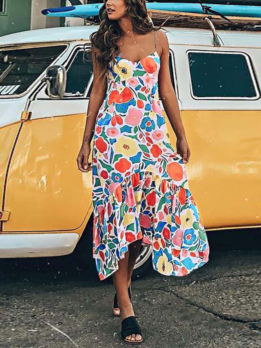 Lunimesd Floral Printed Summer Backless Mid Calf Dress With Pocket