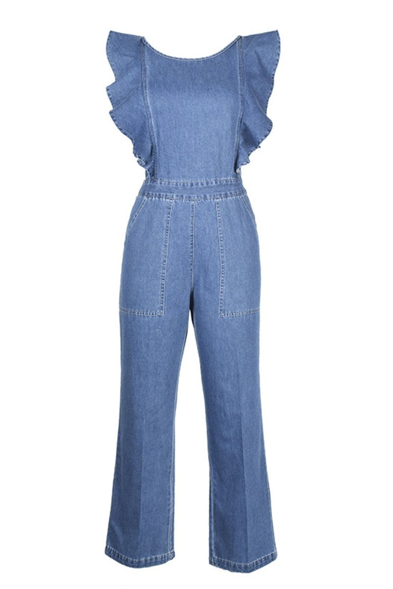Lunimesd O Neck Flouncing Denim Jumpsuit