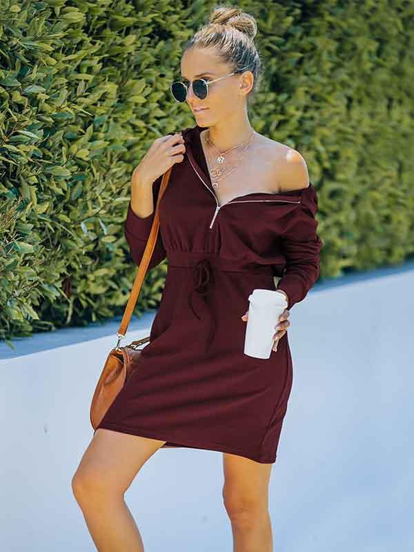 Lunimesd Solid Color Zipper Hooded Dress
