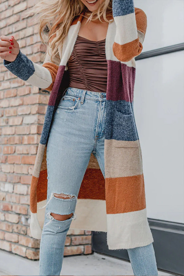 Lunimesd Multicolor Knitted Color Block Open Front Long Cardigan