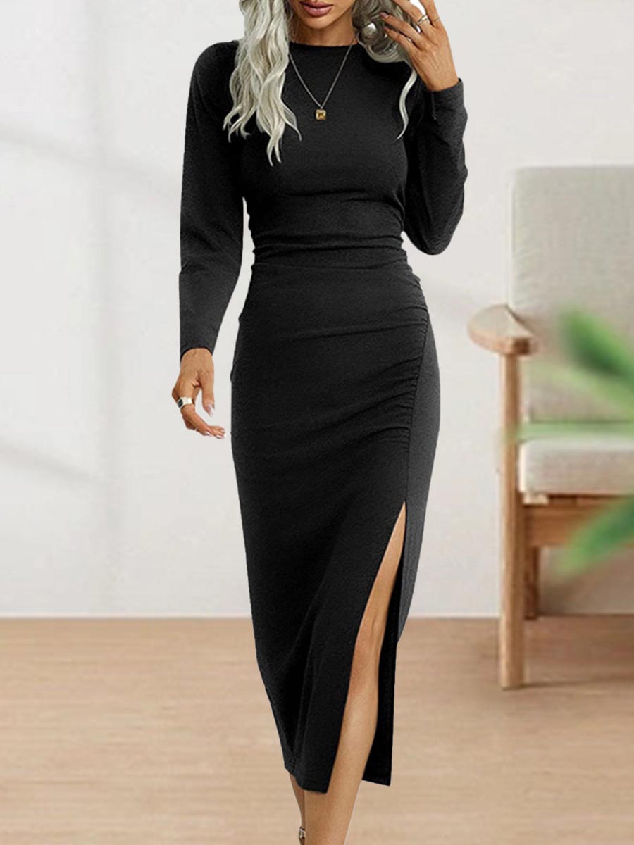 Lunimesd Sweet Elegant Solid Fold O Neck Sheath Dresses(4 Colors)