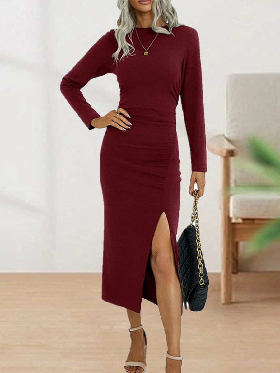 Lunimesd Sweet Elegant Solid Fold O Neck Sheath Dresses(4 Colors)