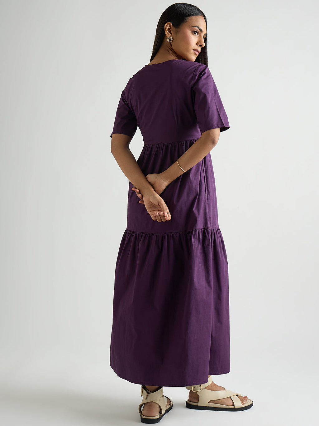 Deep Purple Poplin Tiered Maxi Dress