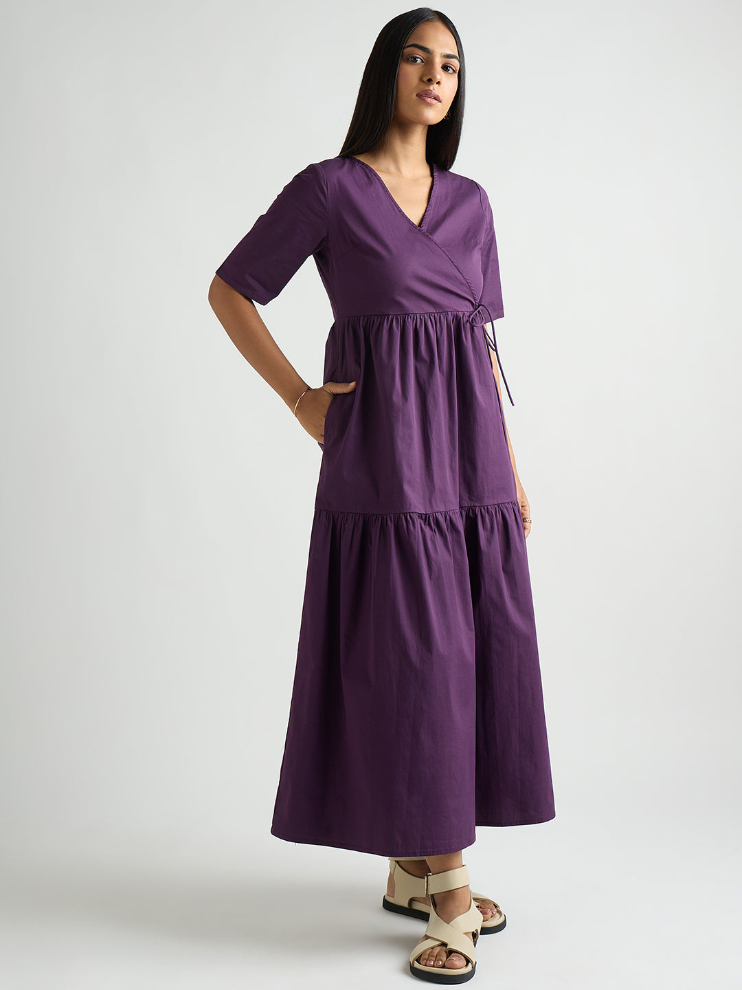 Deep Purple Poplin Tiered Maxi Dress