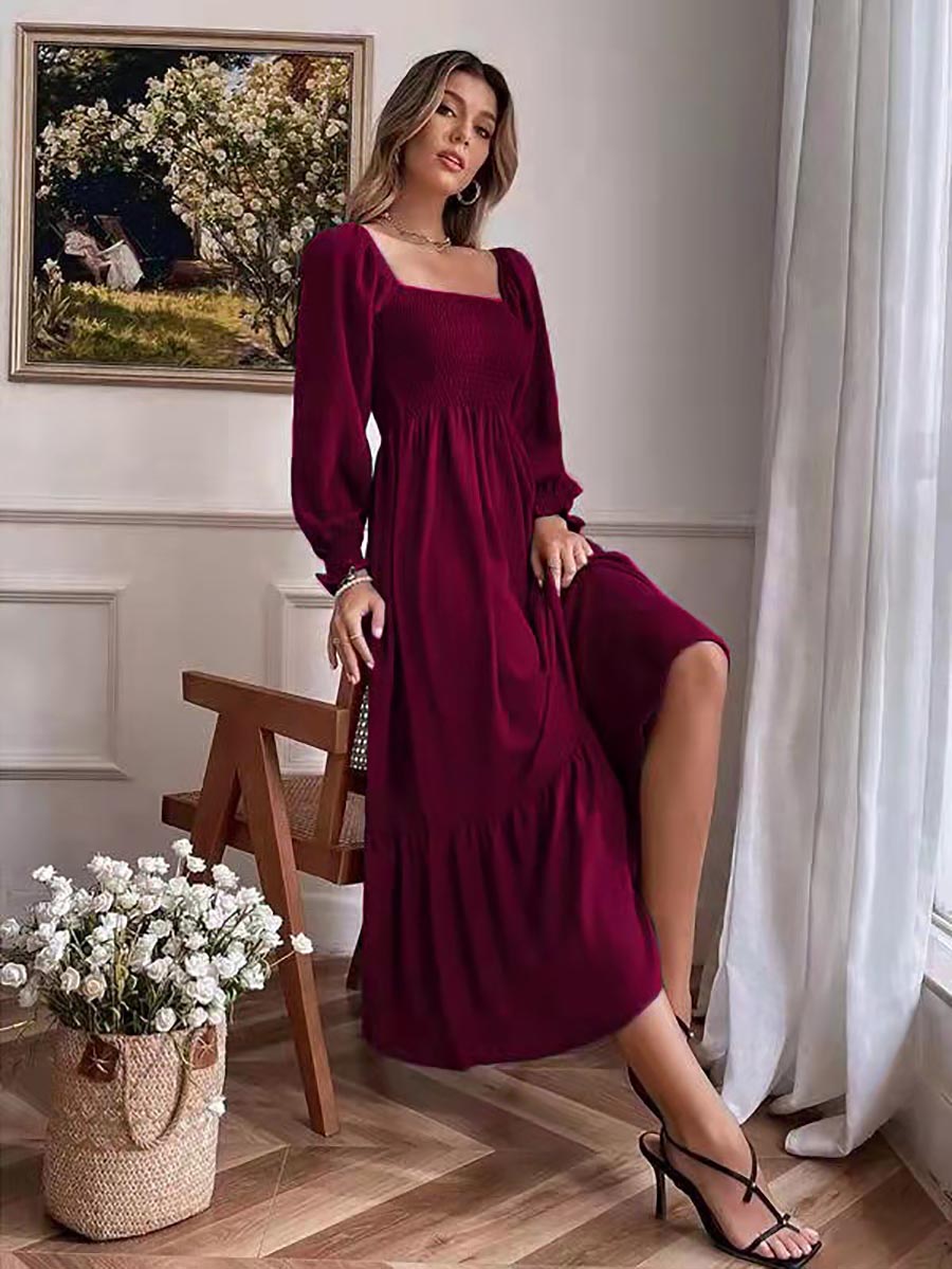 Lunimesd Square Neck Long Sleeve Ruffle High Waist Dress (5 colors)