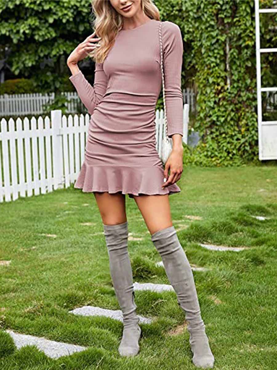 Lunimesd Sexy Pleated Tight Knit Long Sleeve Dress(8 colors)