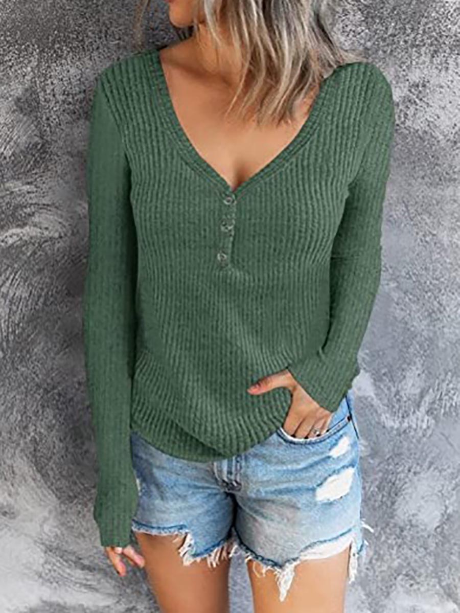 Lunimesd Solid Color V-Neck Long-Sleeved T-Shirt