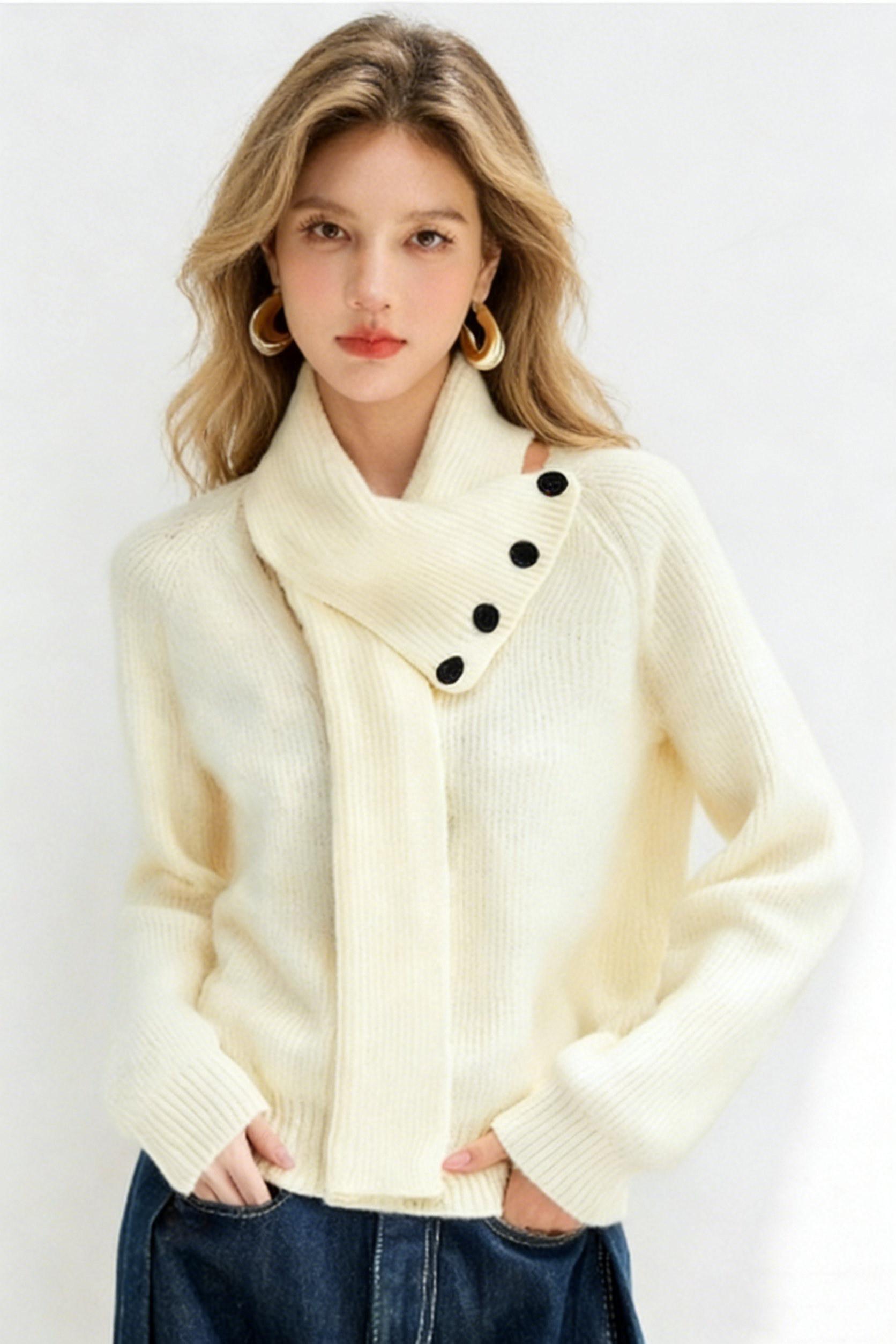 WOOL BLEND V-NECK WOMEN SWEATER WITH DETACHABLE SCARF