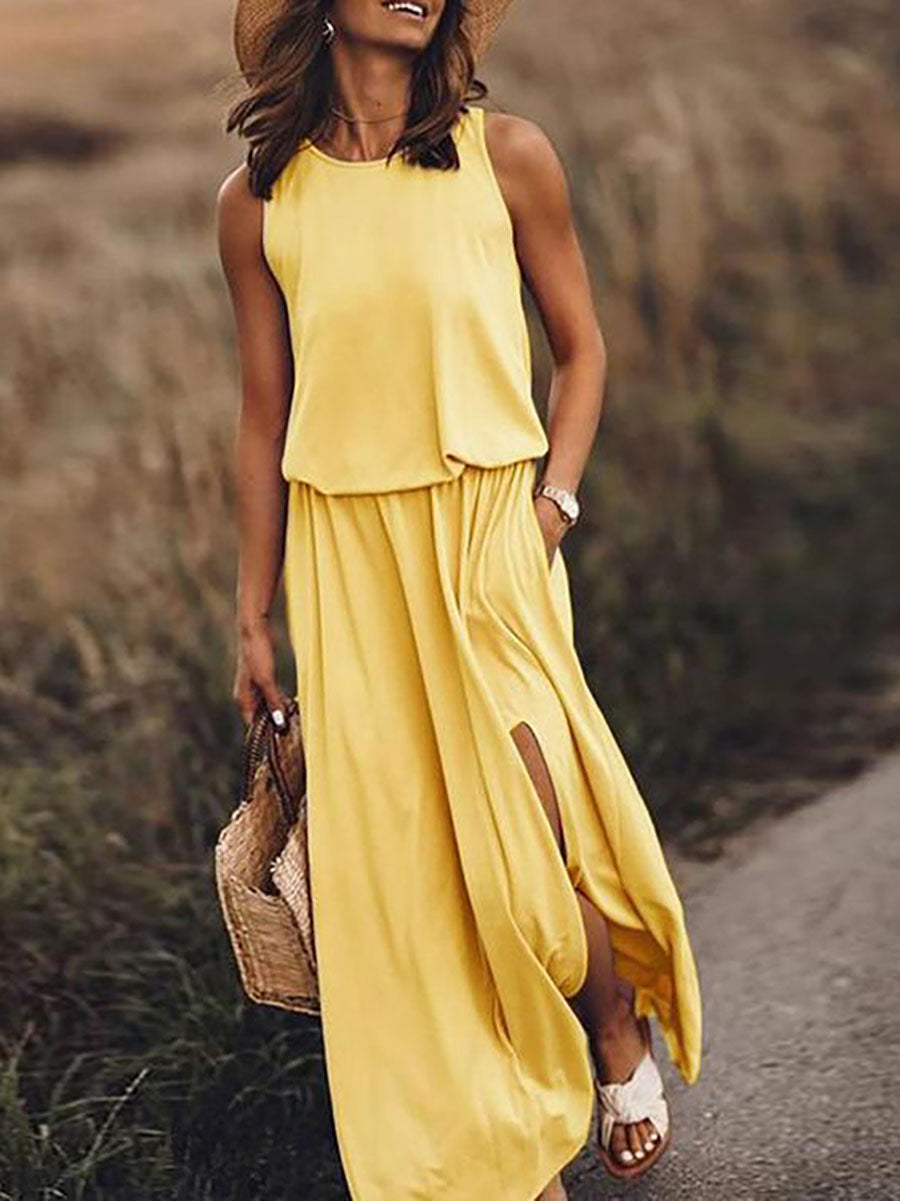 Lunimesd Pockets O Neck Sleeveless Slit Maxi Dress