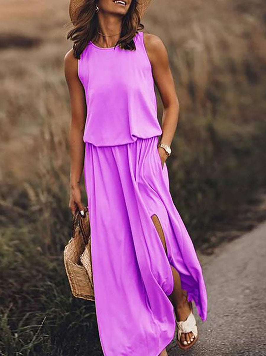 Lunimesd Pockets O Neck Sleeveless Slit Maxi Dress