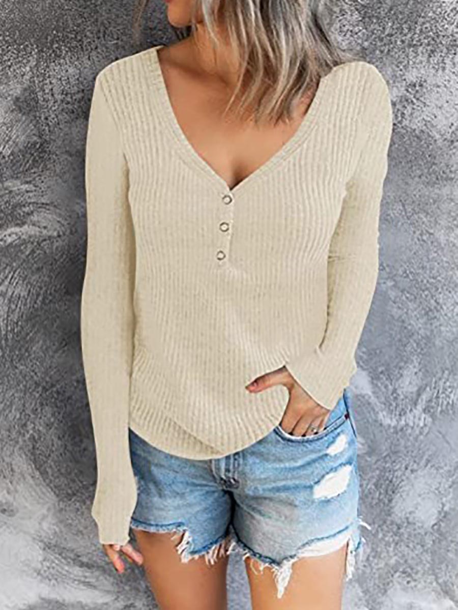 Lunimesd Solid Color V-Neck Long-Sleeved T-Shirt