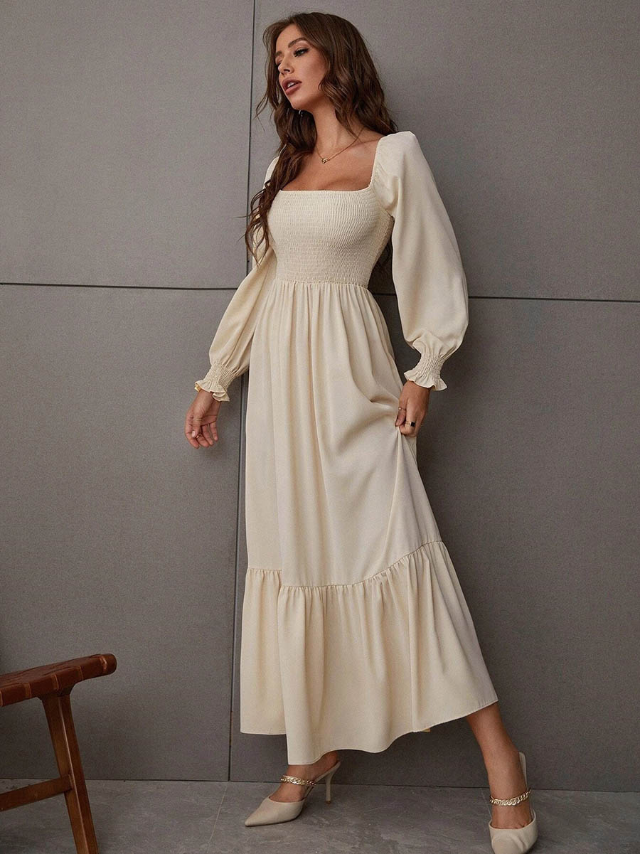Lunimesd Square Neck Long Sleeve Ruffle High Waist Dress (5 colors)