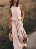 Lunimesd Pockets O Neck Sleeveless Slit Maxi Dress