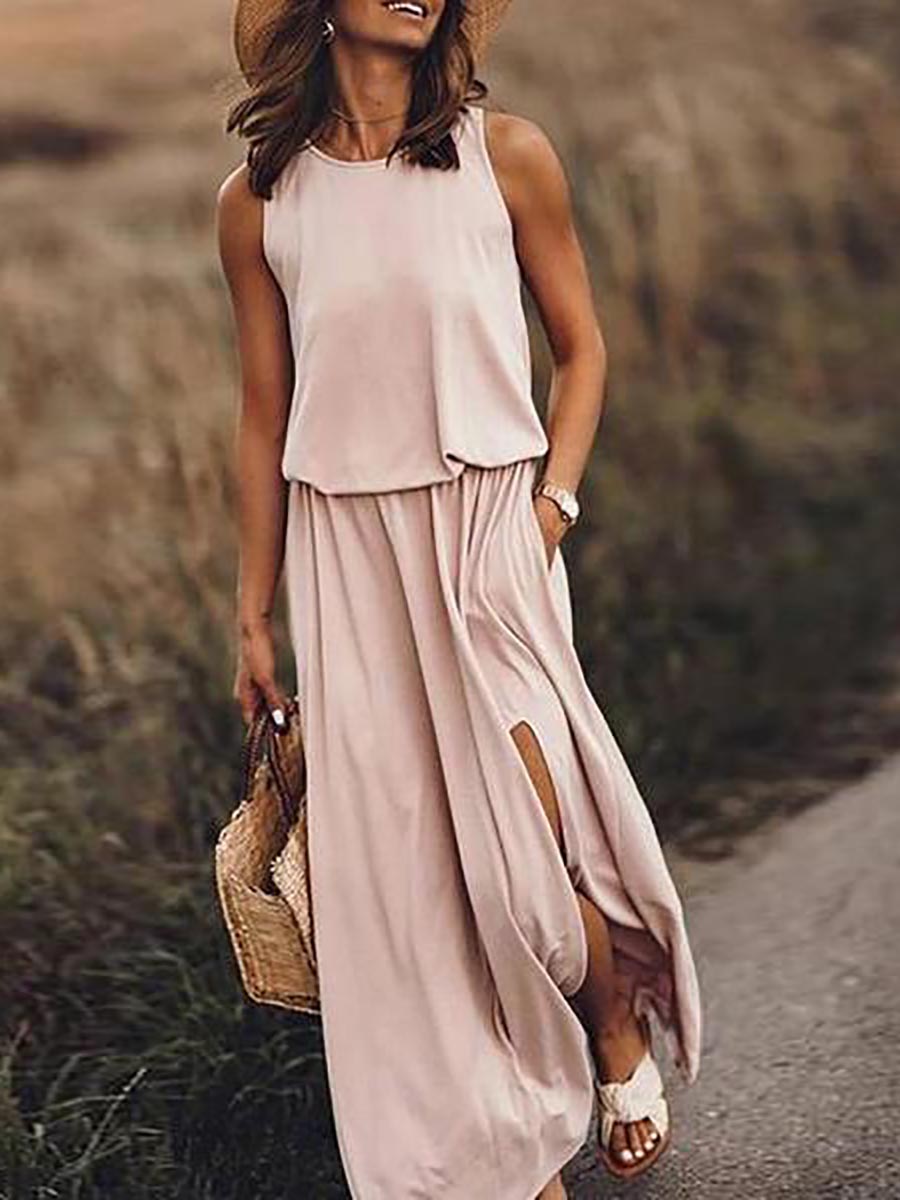 Lunimesd Pockets O Neck Sleeveless Slit Maxi Dress