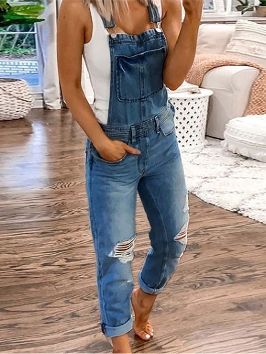 Lunimesd Plain Denim Ripped Jumpsuit