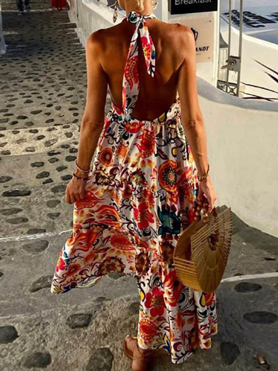 Lunimesd Sexy Vacation Print Backless Printing Halter Beach Dresses