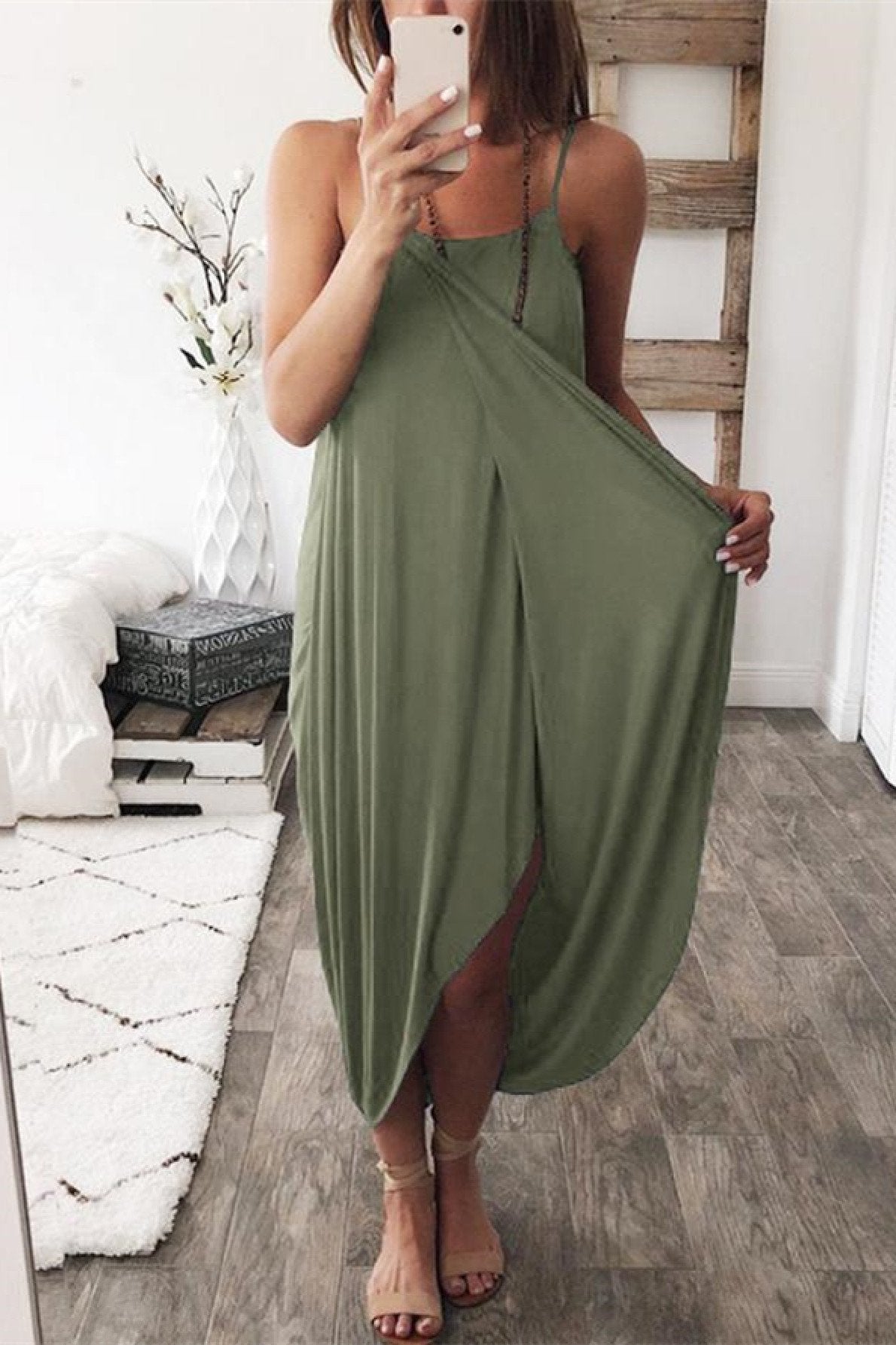 Lunimesd Wrapped Split Solid Cami Beach Dress