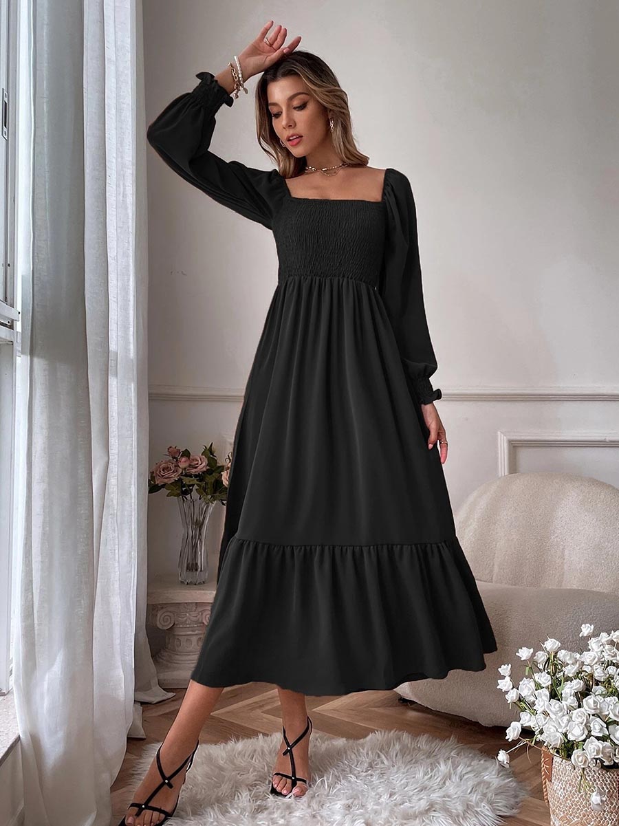 Lunimesd Square Neck Long Sleeve Ruffle High Waist Dress (5 colors)