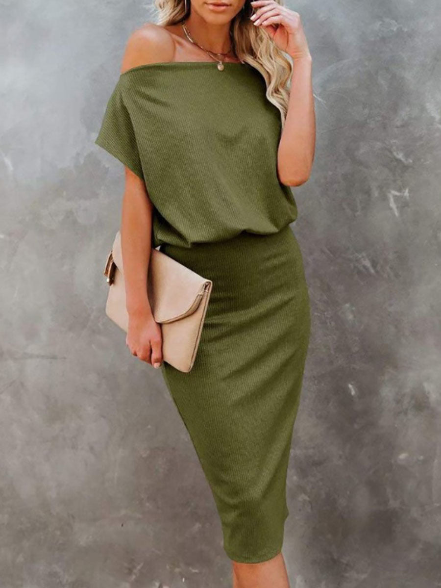 Lunimesd Cold Shoulder Plain Half Sleeve Pencil Dress(8 Colors）