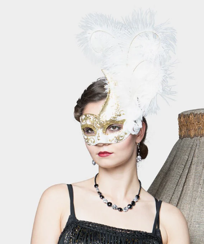 Ivory and Gold Feathered Venetian Mask 132