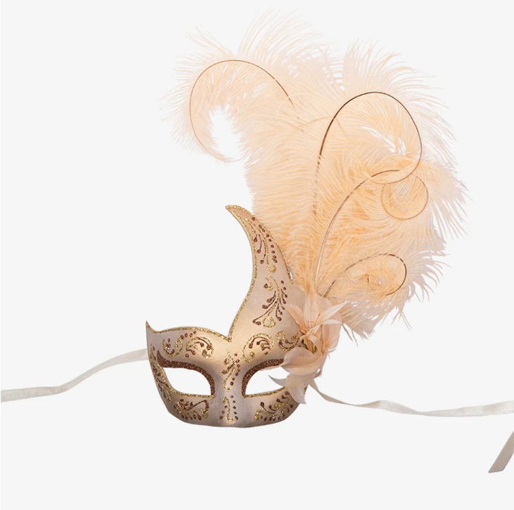 Ivory and Gold Feathered Venetian Mask 132