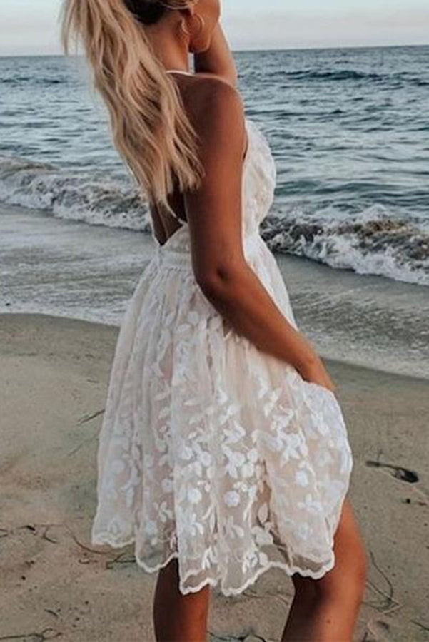 Lunimesd V-Neck Lace Embroidered White Dress
