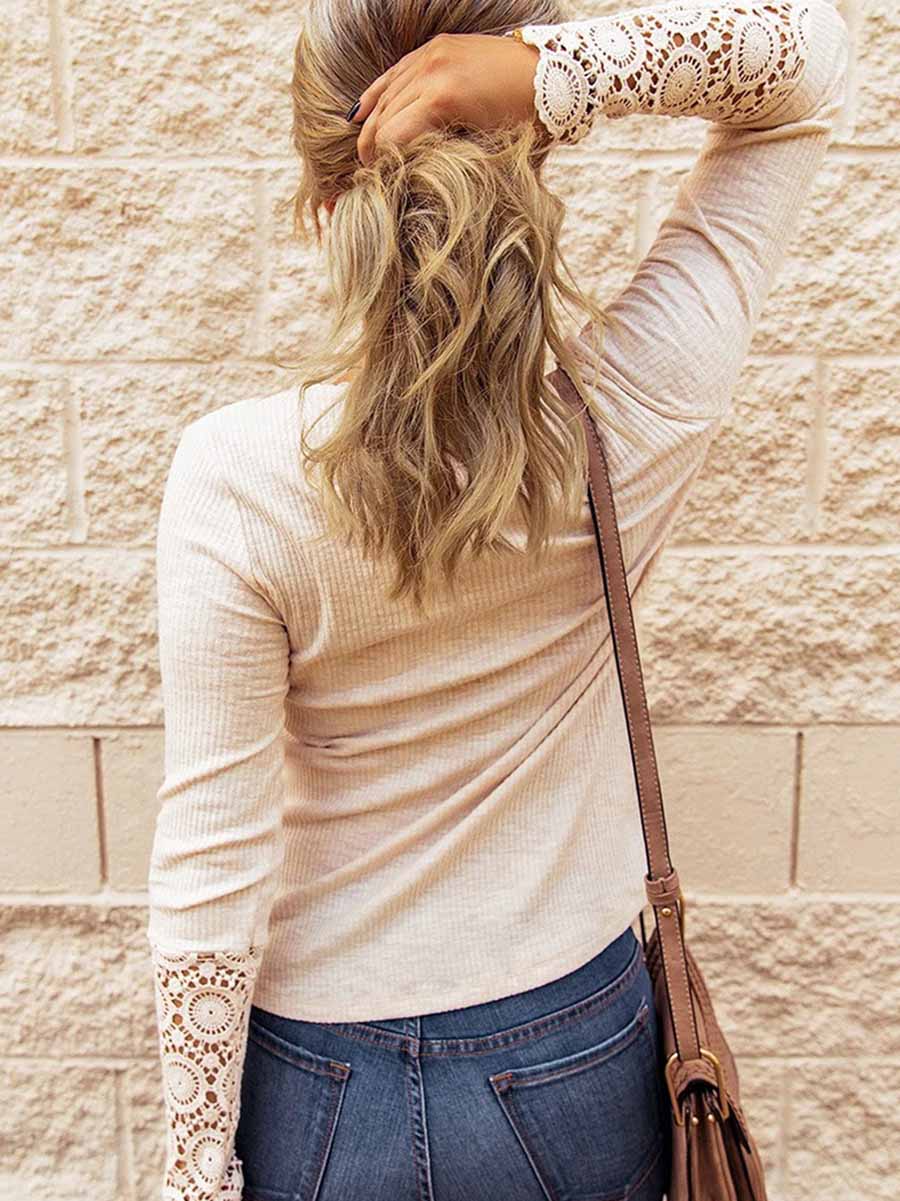 Lunimesd Round Neck Stitching Lace Long Sleeve T-Shirt(14 colors)