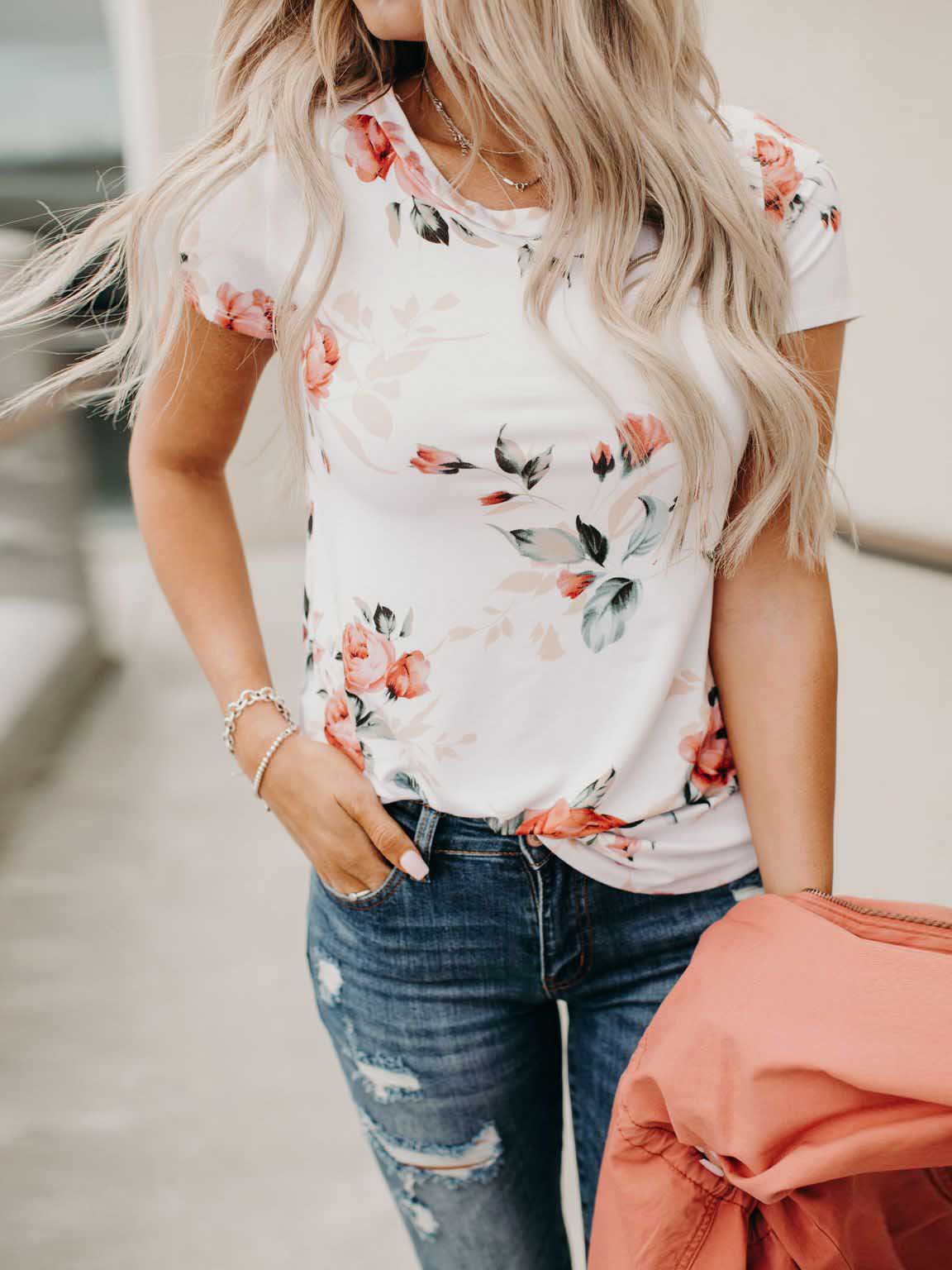 Lunimesd Short Sleeve Flower Print Round Neck Casual Wear T-Shirt