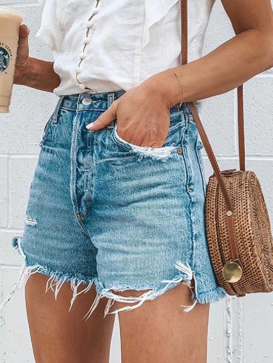 Lunimesd Frayed Raw Hem Ripped Denim Shorts