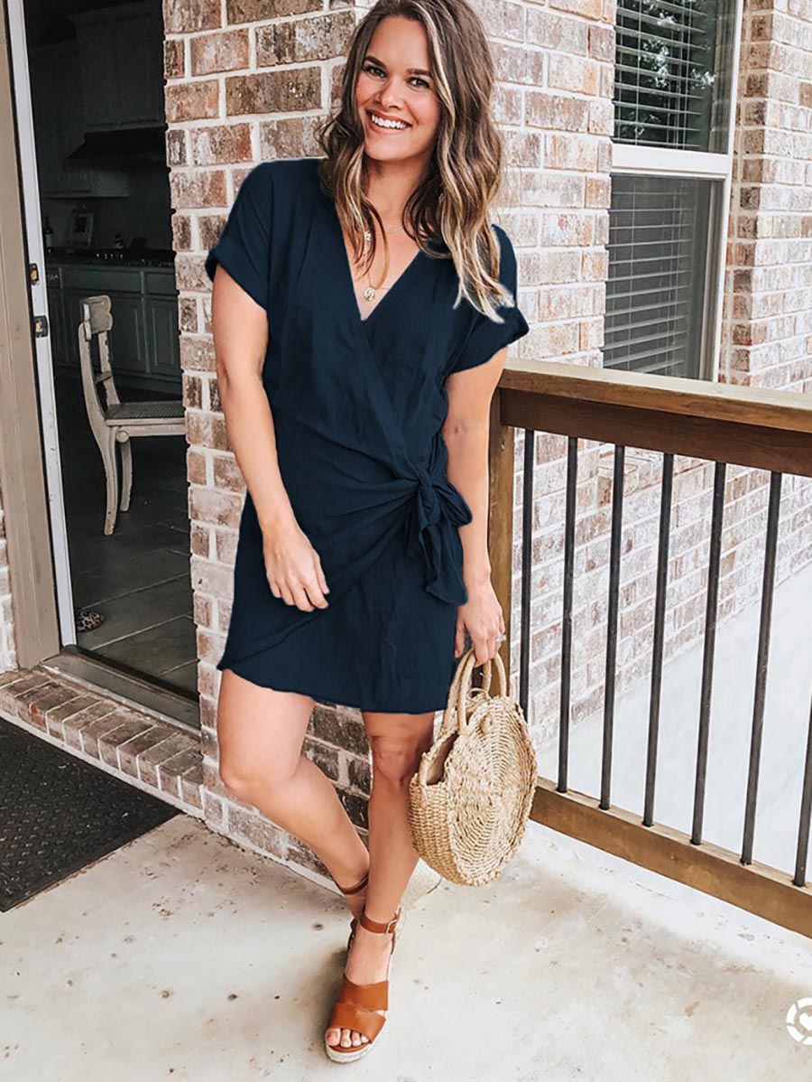 Lunimesd Knot V Neck Short Sleeve Mini Dress
