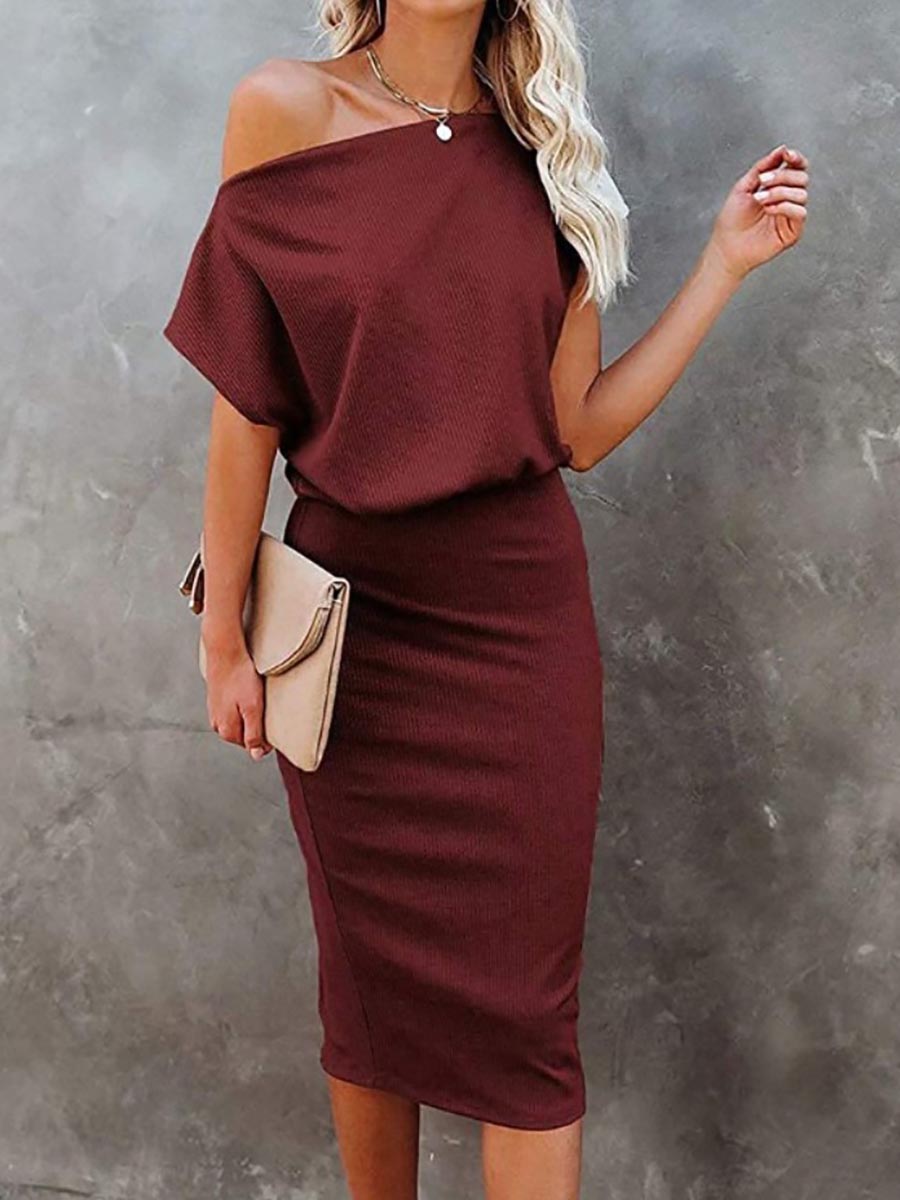 Lunimesd Cold Shoulder Plain Half Sleeve Pencil Dress(8 Colors）