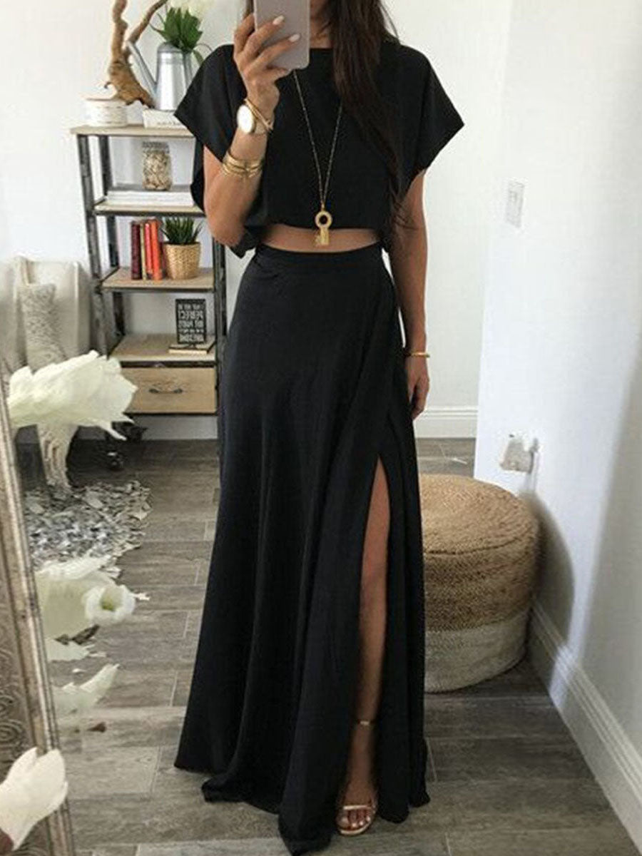 Lunimesd Fashion Casual Solid Split Joint O Neck Short Sleeve Two Pieces