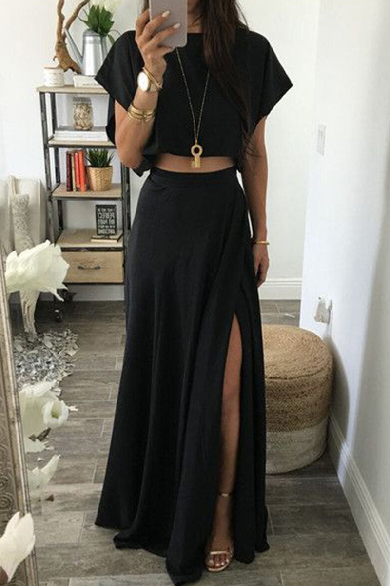 Lunimesd Fashion Casual Solid Split Joint O Neck Short Sleeve Two Pieces