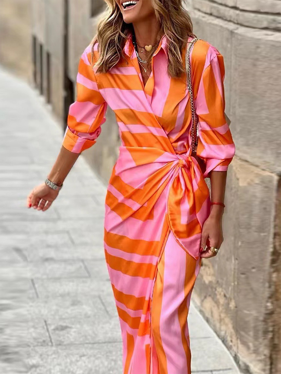 Lunimesd Fashion Print Split Joint Turndown Collar Shirt Dress Dresses(3 colors)