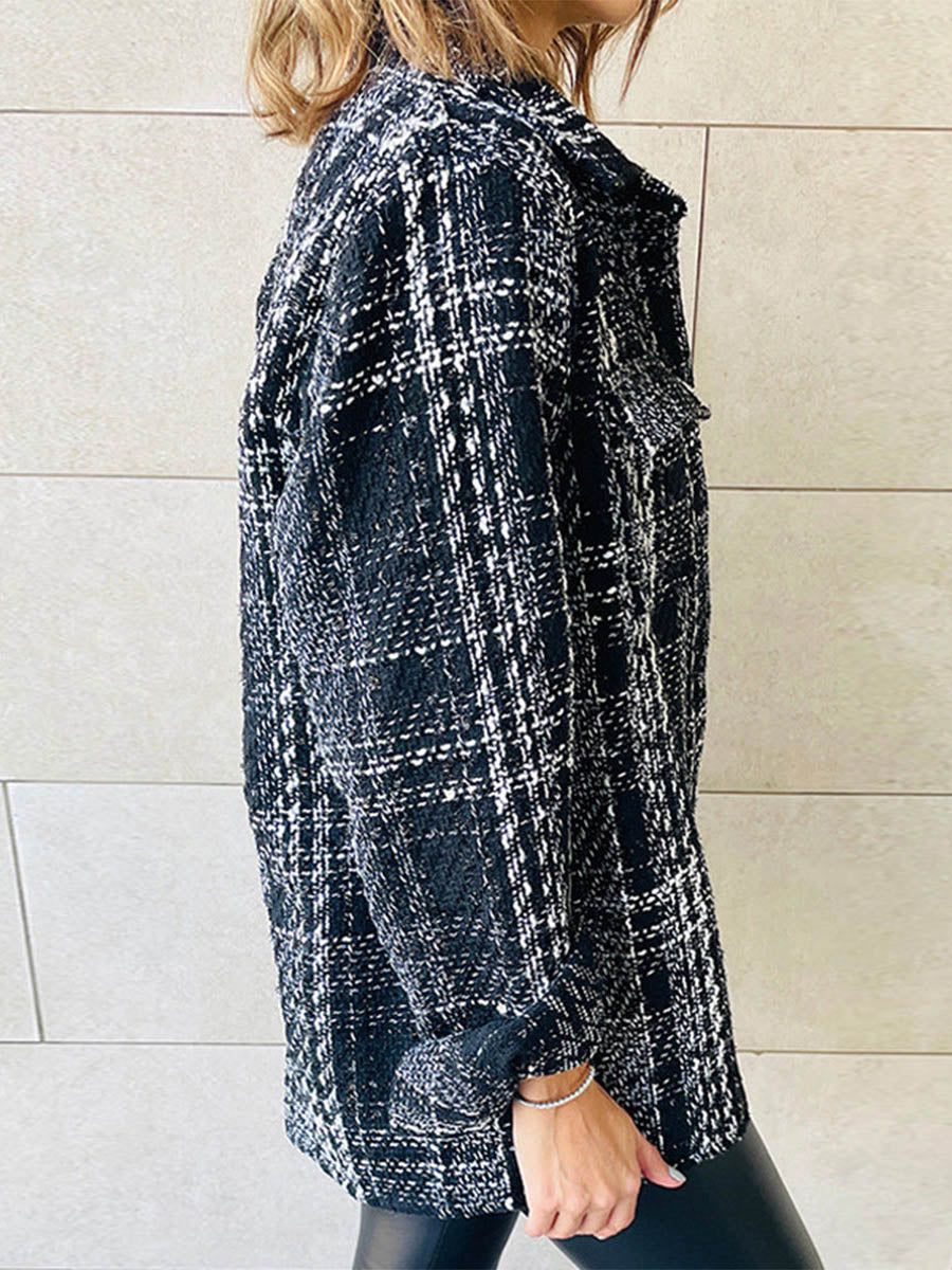 Lunimesd Elegant Plaid Buttons Turndown Collar Outerwear