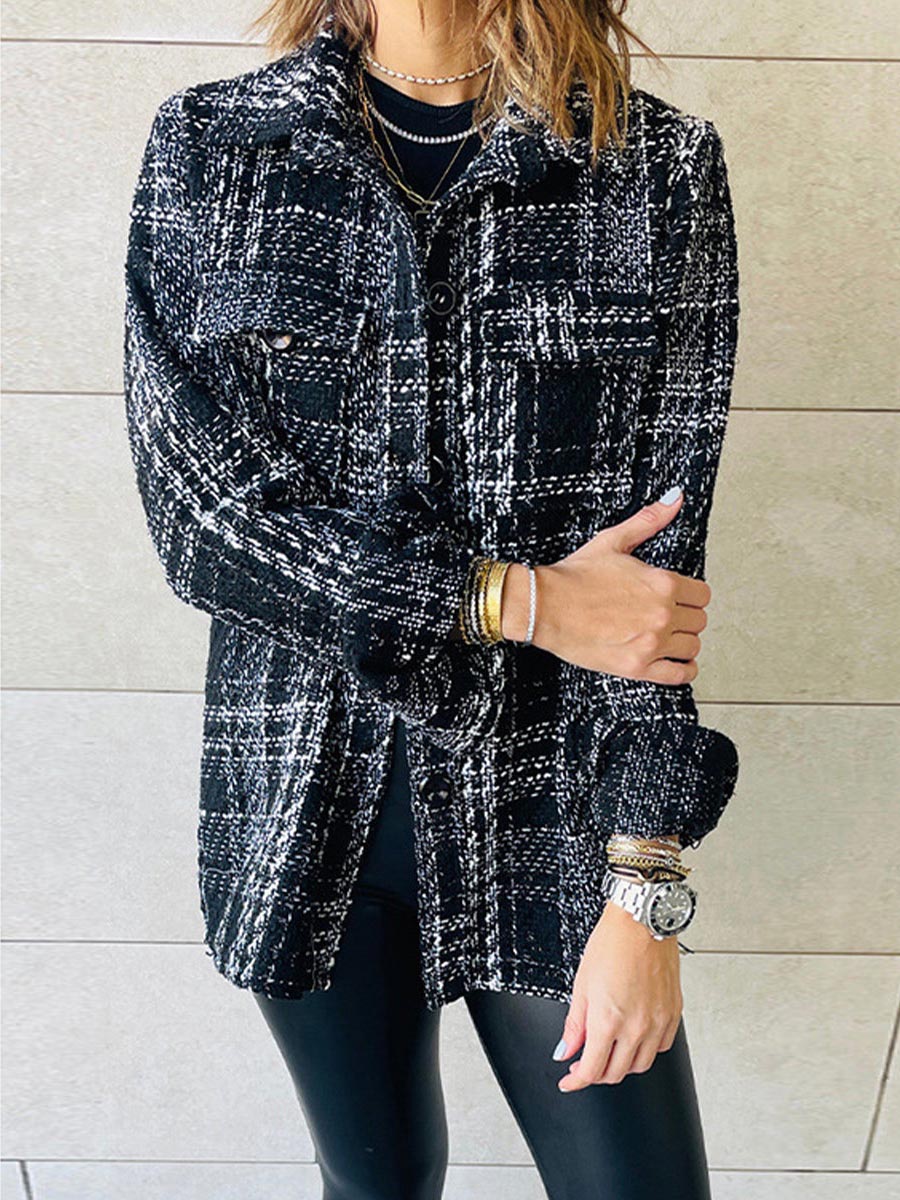 Lunimesd Elegant Plaid Buttons Turndown Collar Outerwear