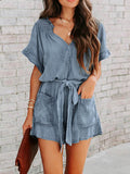 Lunimesd Street Solid Make Old V Neck Short Sleeve High Waist Loose Denim Jumpsuits